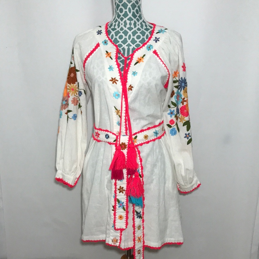 Embroidered Boho White Dress Colorful Floral Design Size Small Cotton